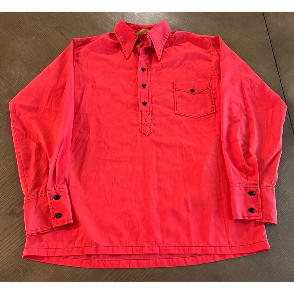 Vintage 60s 70s Brent Loop Collar‎ 1/4 Button Down Red Shirt Medium USA